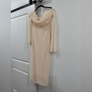 Elegant Cream Textured Midi Dress with Drape Neck